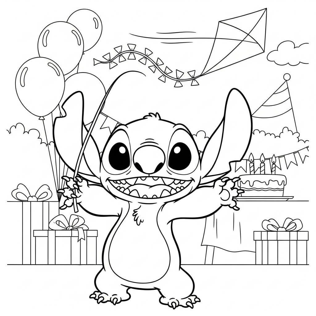 Desenho de Stitch para colorir segurando pipa ao vento em festa de aniversário.