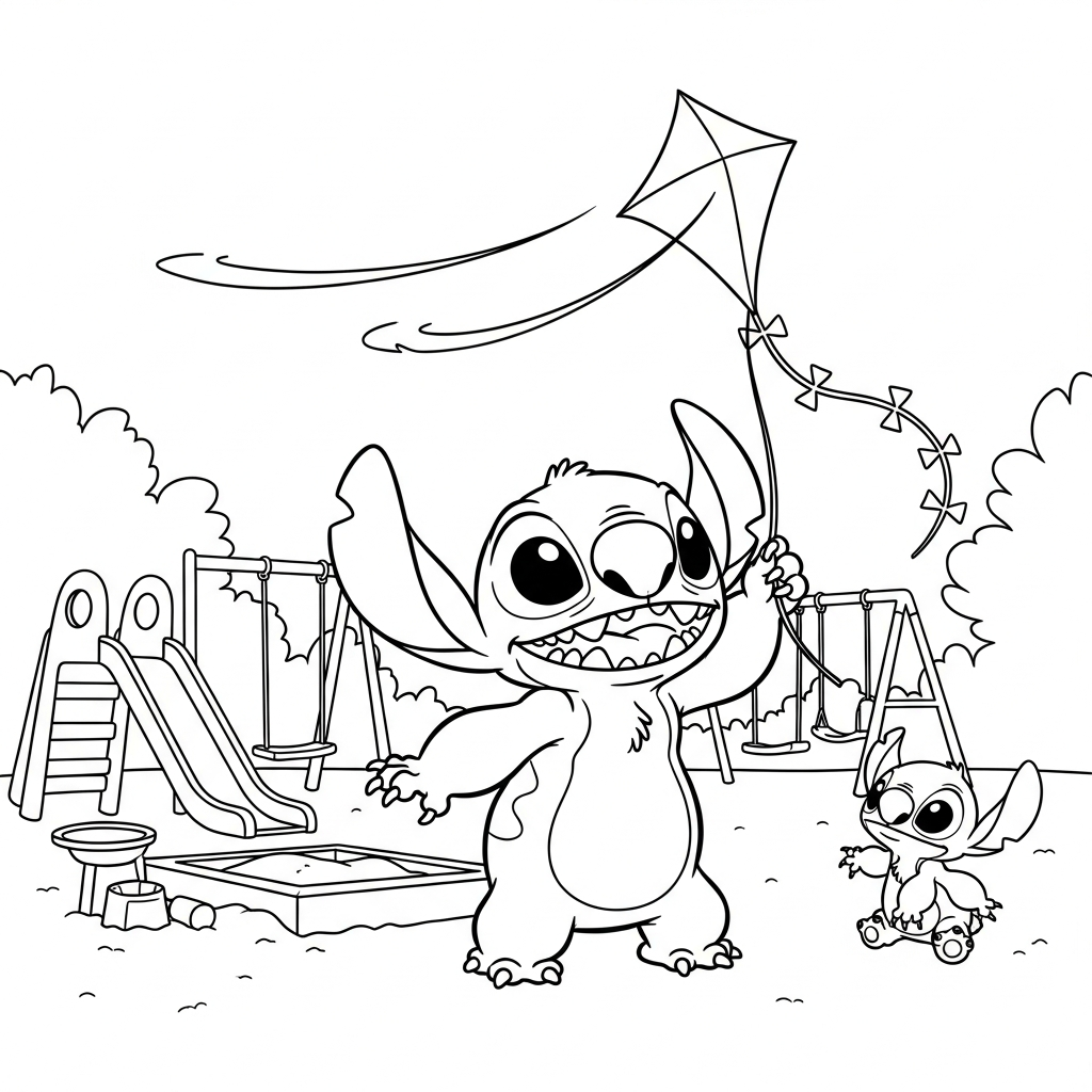 Desenho de Stitch para colorir segurando pipa no playground com escorregador.