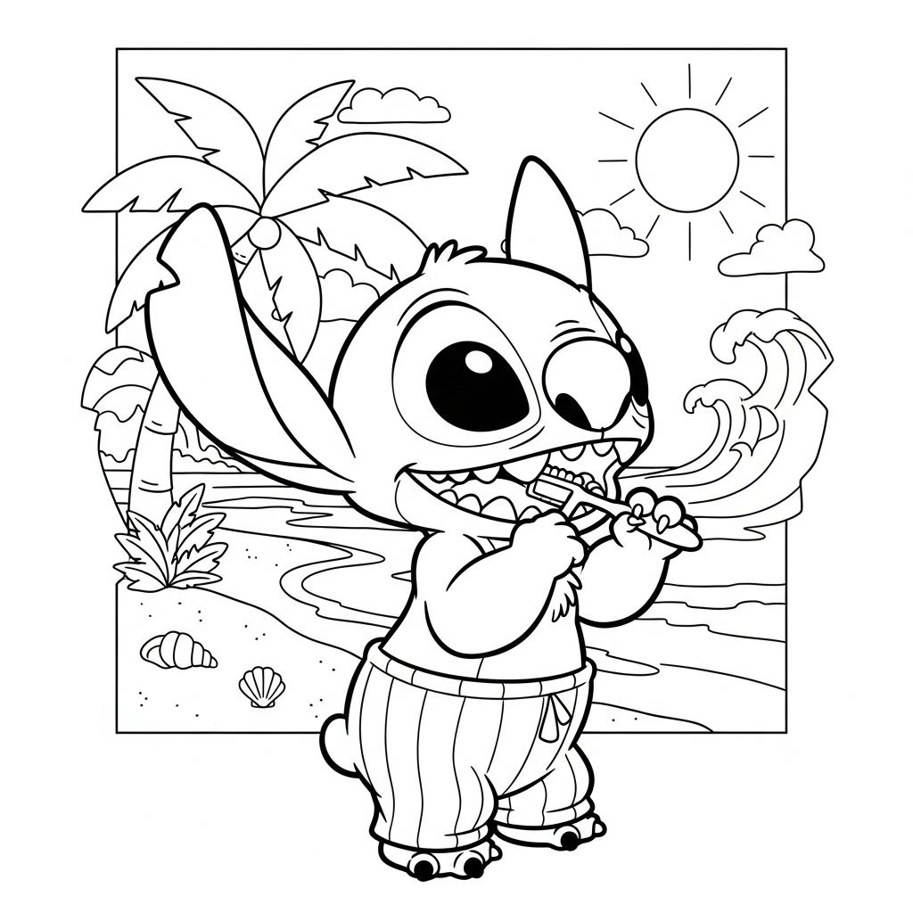 Desenho de Stitch para colorir de pijama escovando os dentes na praia com palmeiras