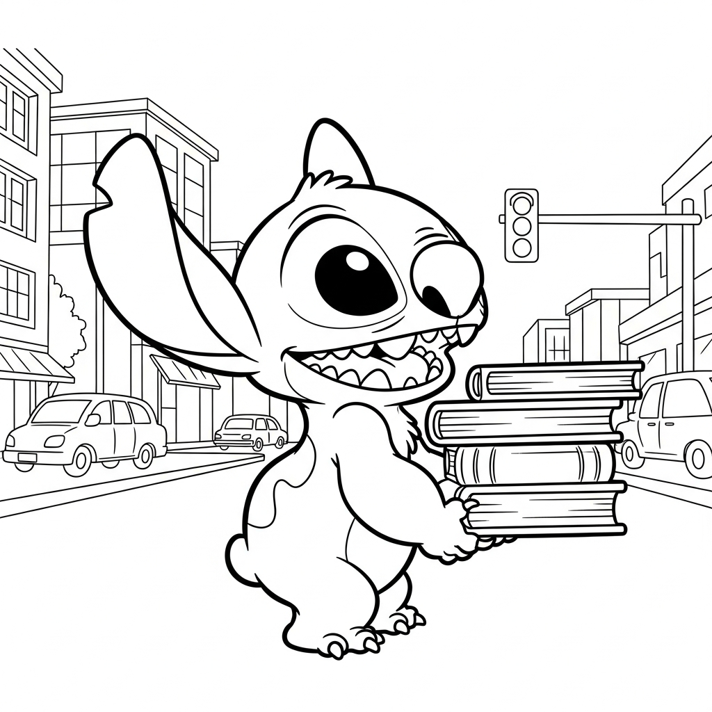 Desenho de Stitch para colorir carregando pilha de livros na rua da cidade