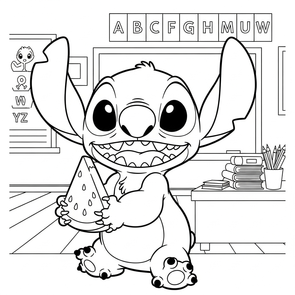 Desenho de Stitch para colorir segurando fatia de melancia na sala de aula.