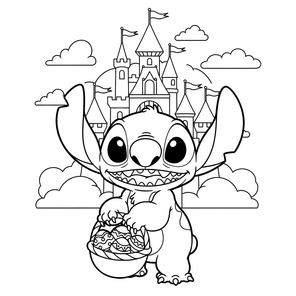 Desenho de Stitch para colorir segurando cesta de Páscoa diante de castelo encantado.
