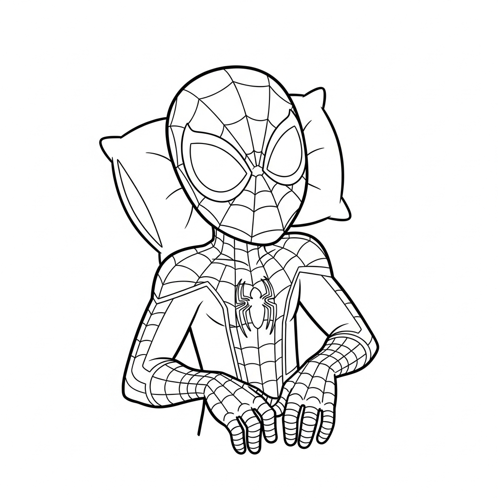 Desenho de homem aranha para colorir dormindo tranquilamente abraçado a um travesseiro