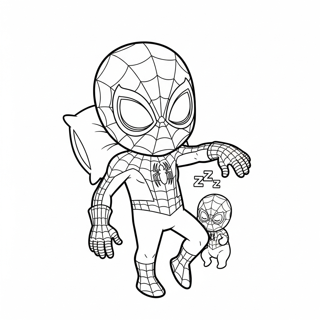 Desenho de homem aranha para colorir dormindo abraçado a um travesseiro