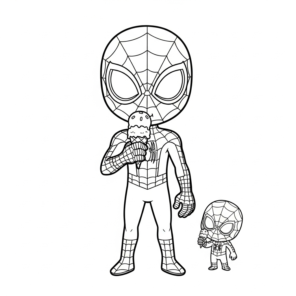 Desenho de homem aranha para colorir comendo uma casquinha de sorvete.