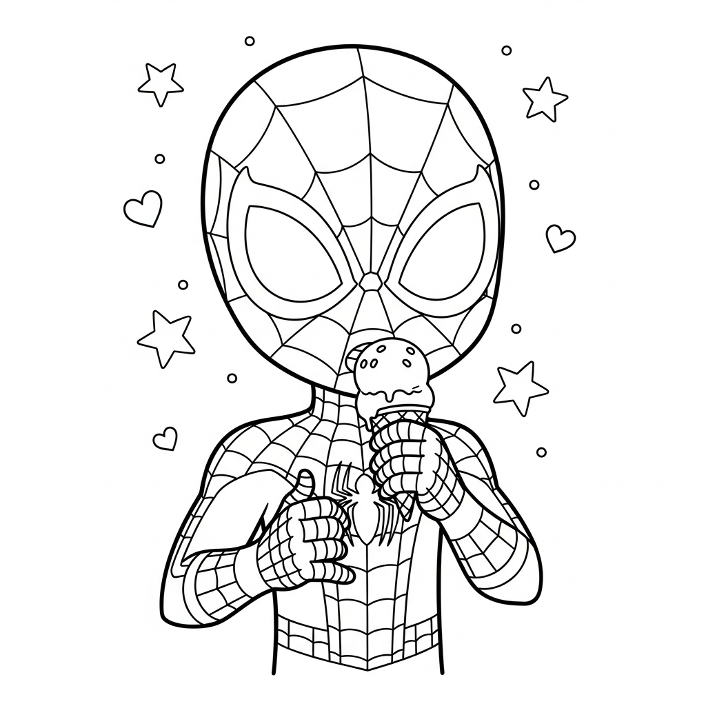 Desenho de homem aranha para colorir comendo casquinha de sorvete entre estrelinhas e corações