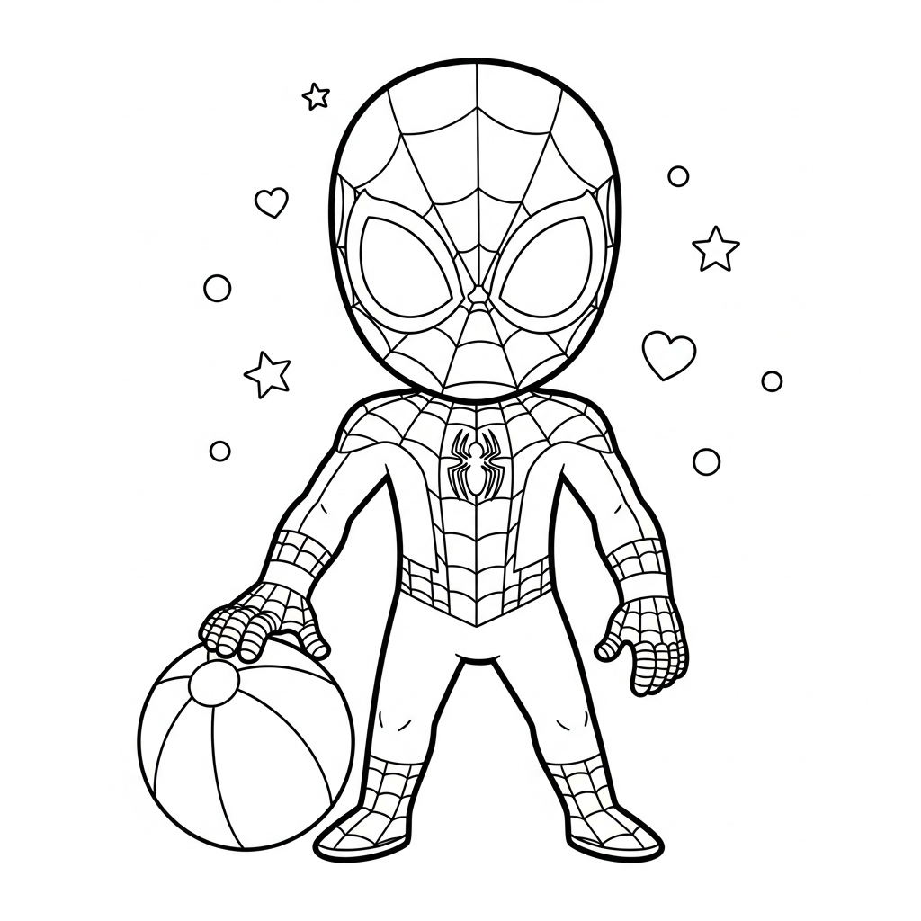 Desenho de homem aranha para colorir brincando com bola de praia, estrelinhas e corações