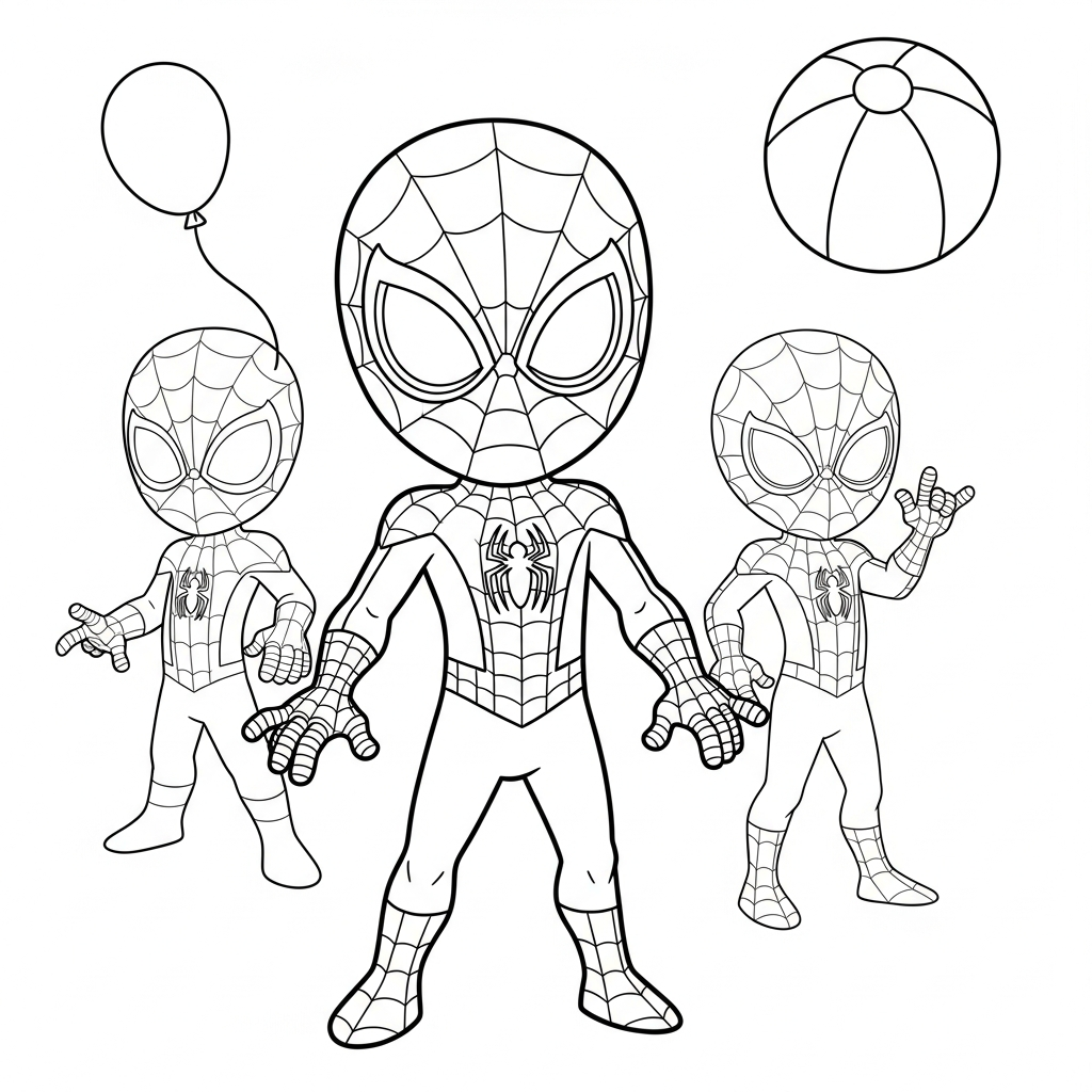 Desenho de homem aranha para colorir brincando com bola de praia ao lado de concha