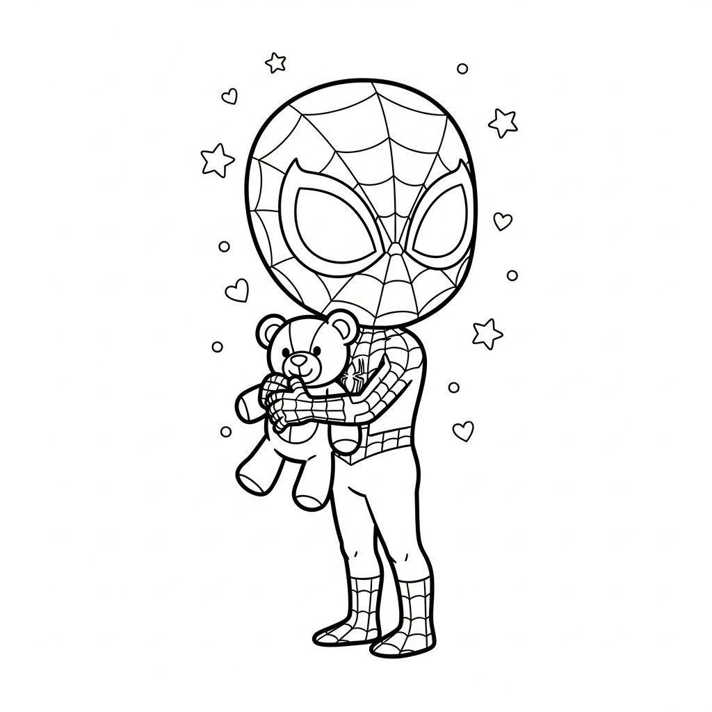 Desenho de homem aranha para colorir abraçando ursinho de pelúcia com estrelinhas e corações