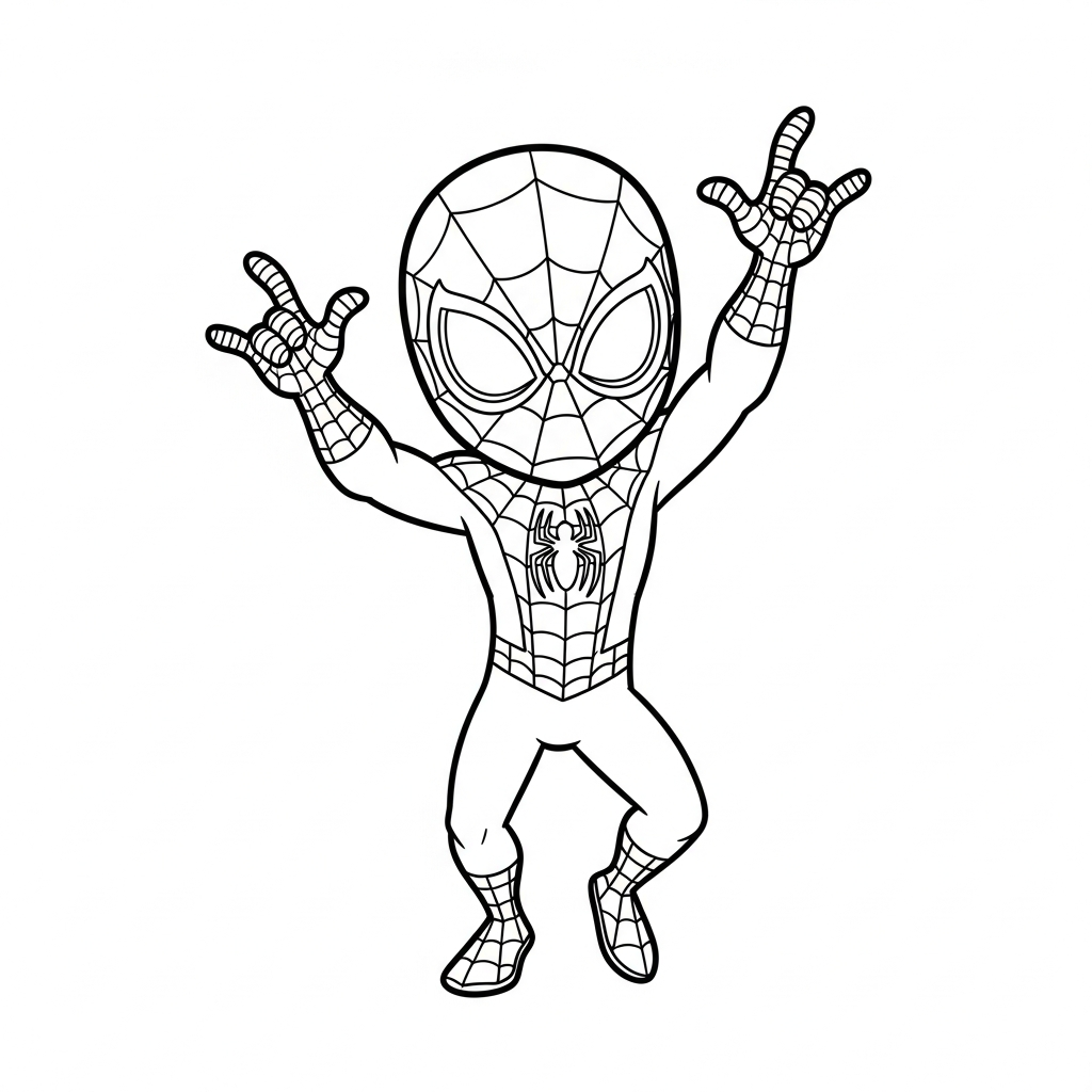 Desenho de homem aranha para colorir dançando com os braços para cima