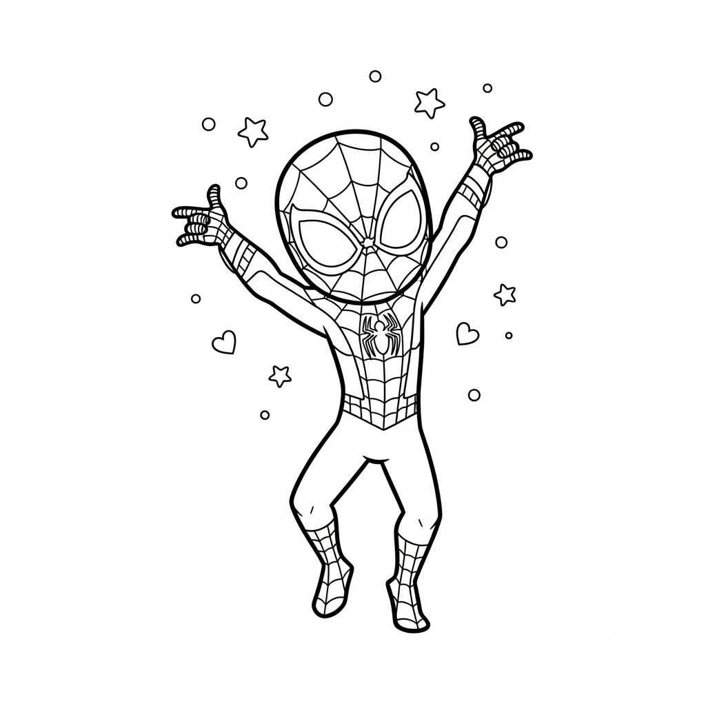 Desenho de homem aranha para colorir dançando com braços erguidos entre estrelinhas e corações
