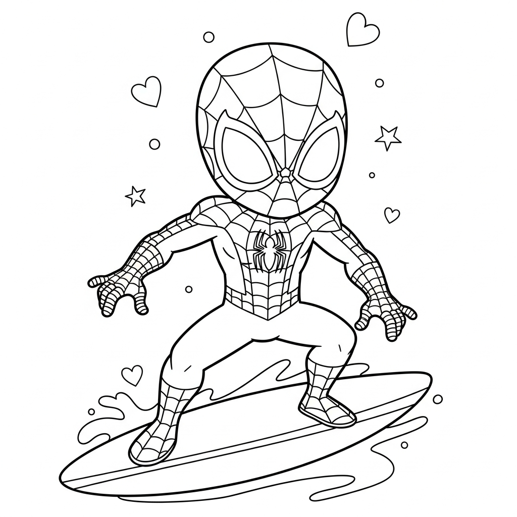 Desenho de homem aranha para colorir surfando em uma onda com estrelinhas e corações