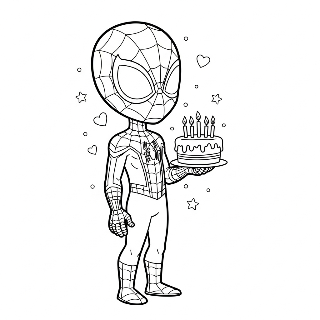 Desenho de homem aranha para colorir segurando bolo de aniversário com velas, estrelinhas e corações.