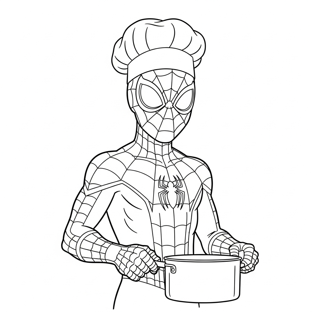 Desenho de homem aranha para colorir usando chapéu de chef e cozinhando com colher