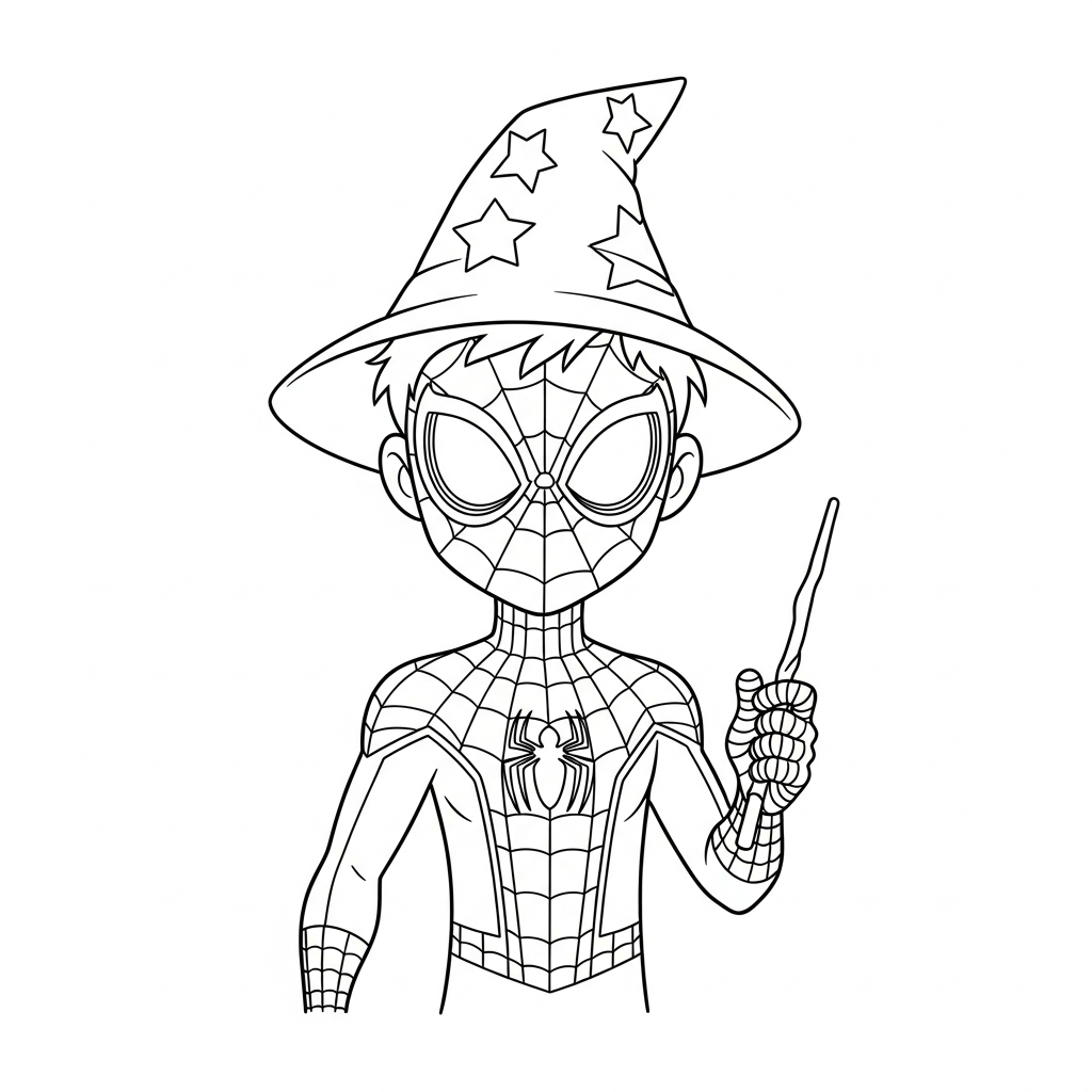 Desenho de homem aranha para colorir usando chapéu de mago e varinha
