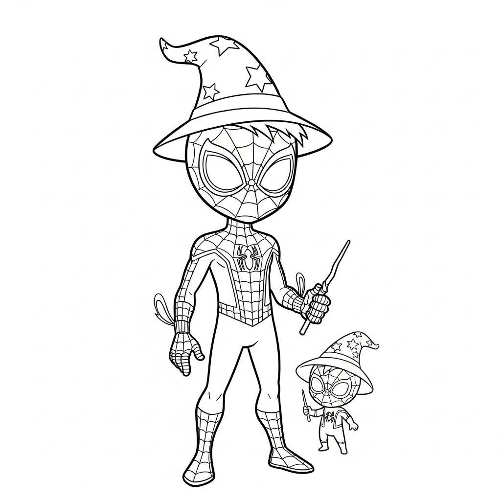 Desenho de homem aranha para colorir usando chapéu de mago e varinha