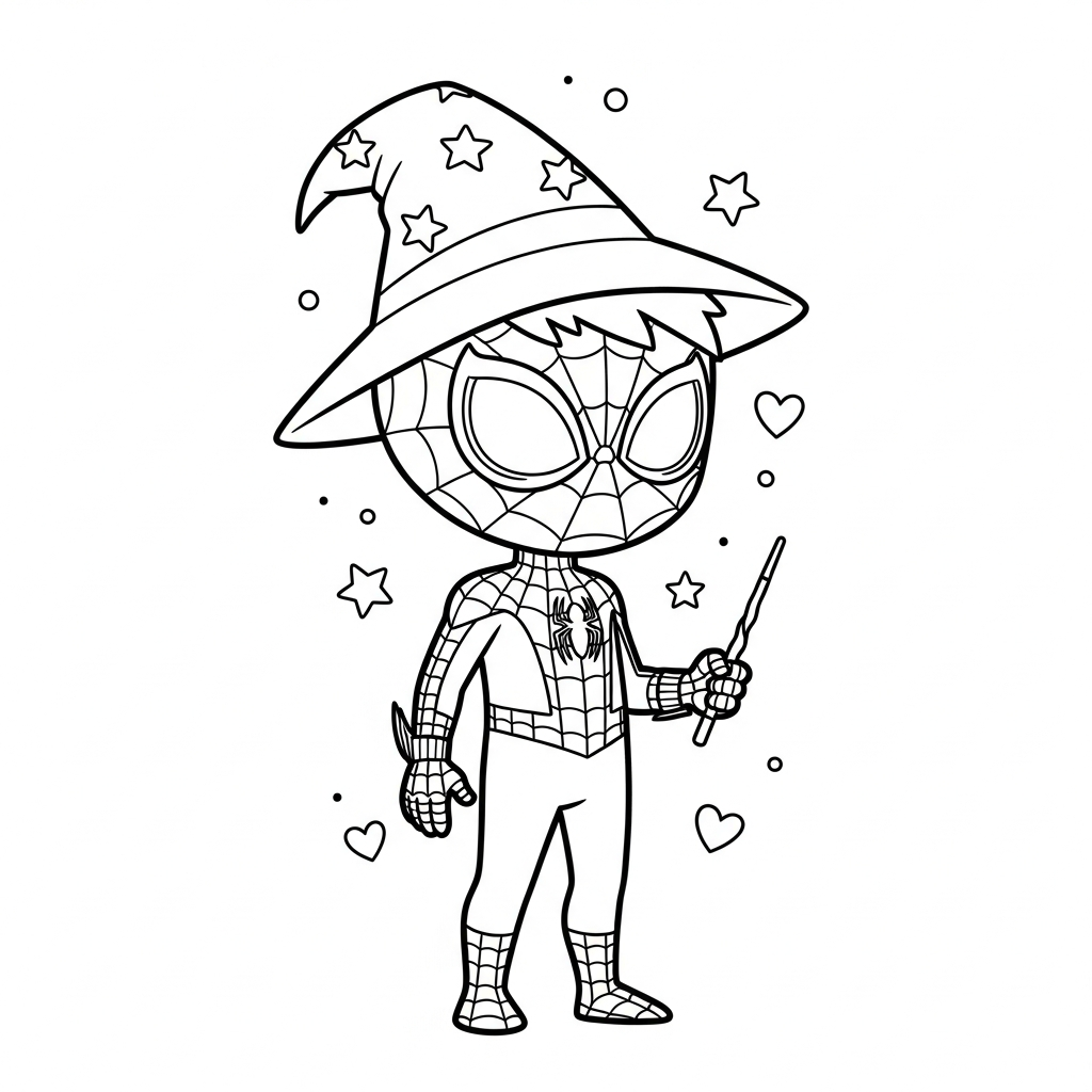 Desenho de homem aranha para colorir usando chapéu de mago e varinha entre estrelinhas e corações