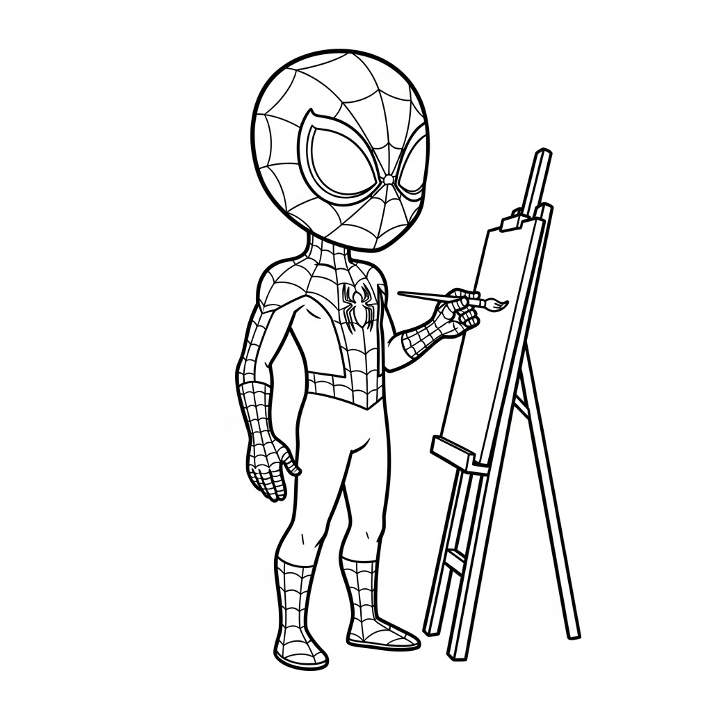 Desenho de homem aranha para colorir pintando em cavalete com pincel na mão