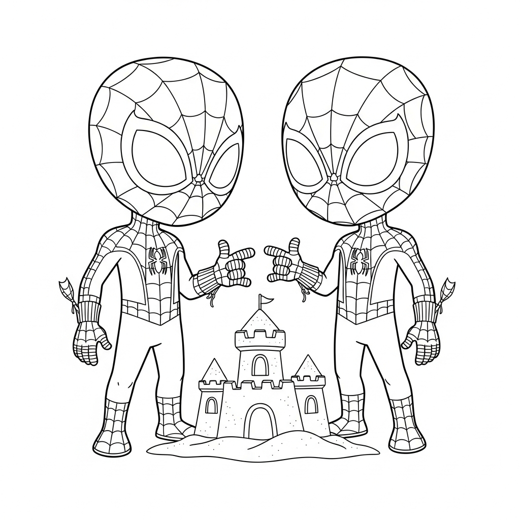Desenho de homem aranha para colorir construindo um castelo de areia.