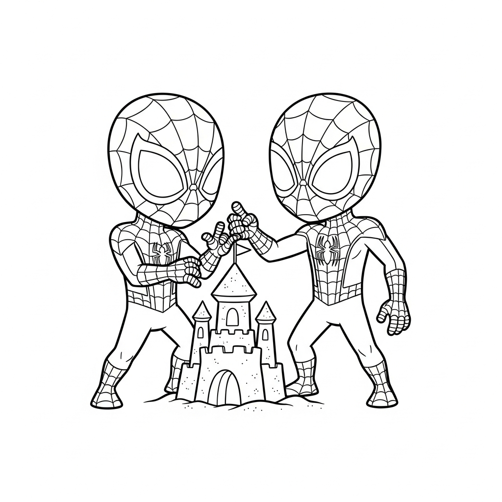 Desenho de homem aranha para colorir construindo um castelo de areia