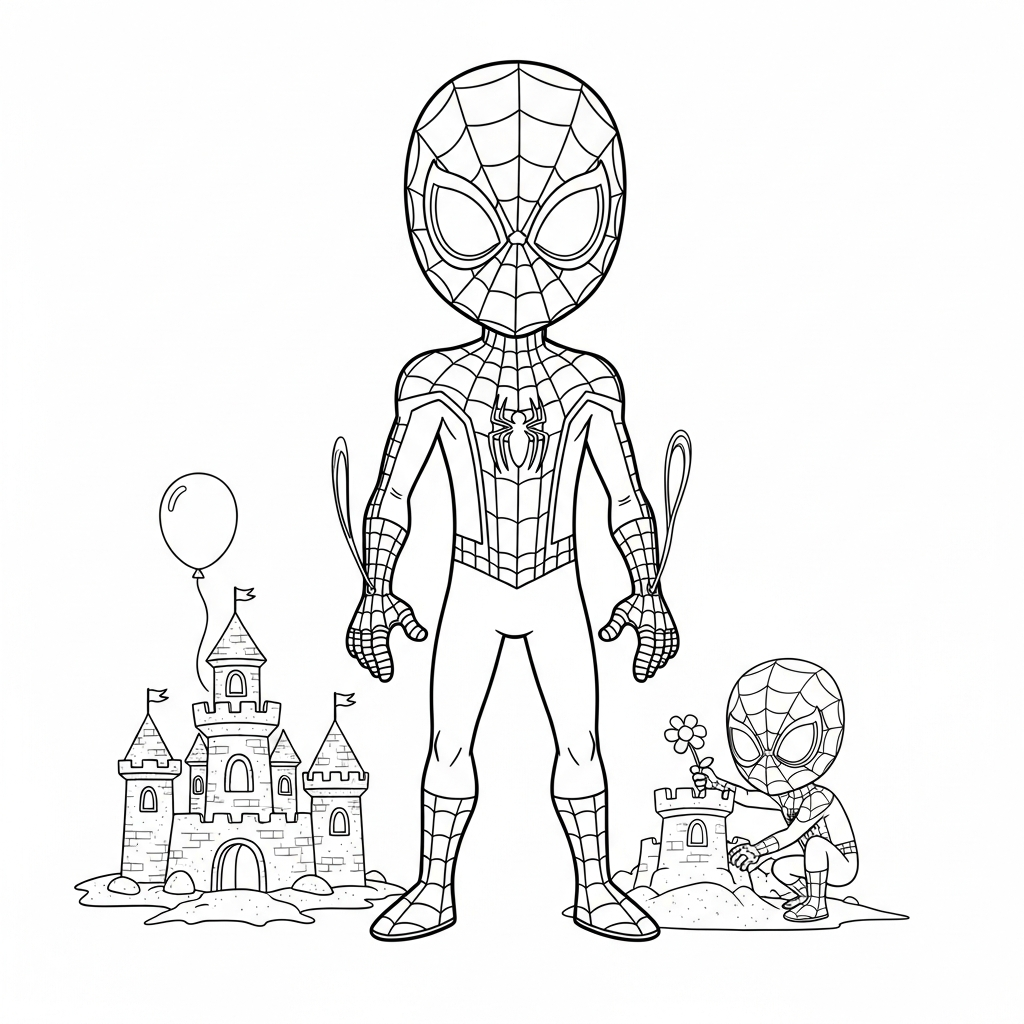 Desenho de homem aranha para colorir construindo castelo de areia com balde pequeno.