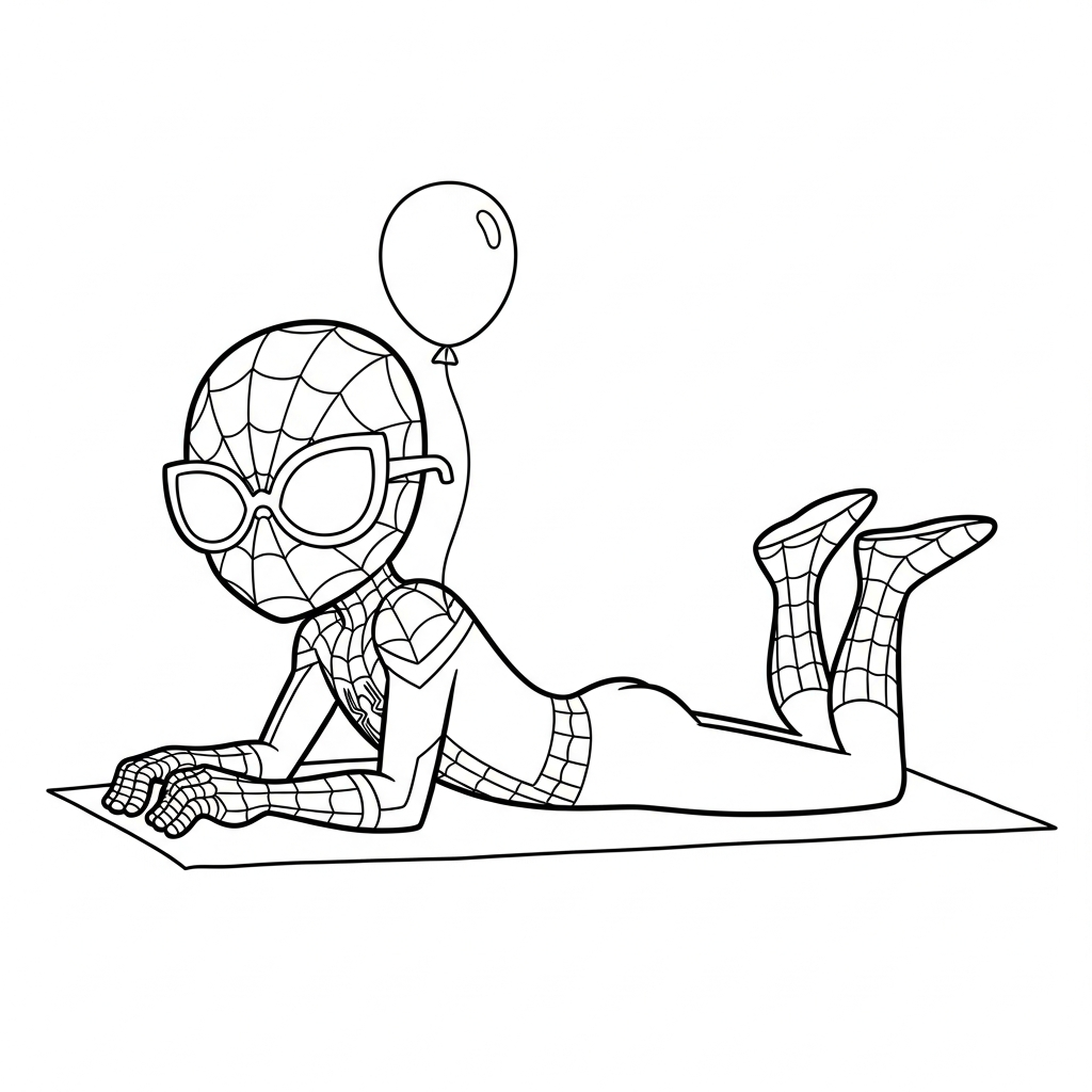 Desenho de homem aranha para colorir usando óculos de sol na praia com concha