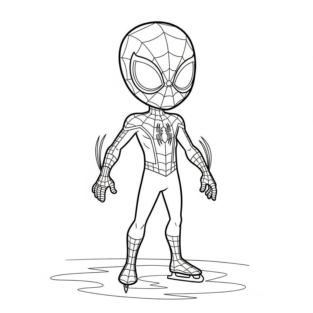 Desenho de homem aranha para colorir patinando no gelo com pequeno cone.