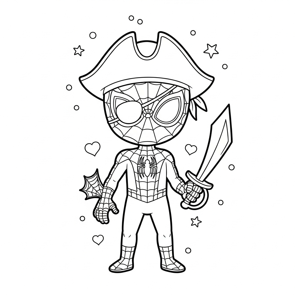 Desenho de homem aranha para colorir usando chapéu de pirata com tapa-olho, estrelinhas e corações.