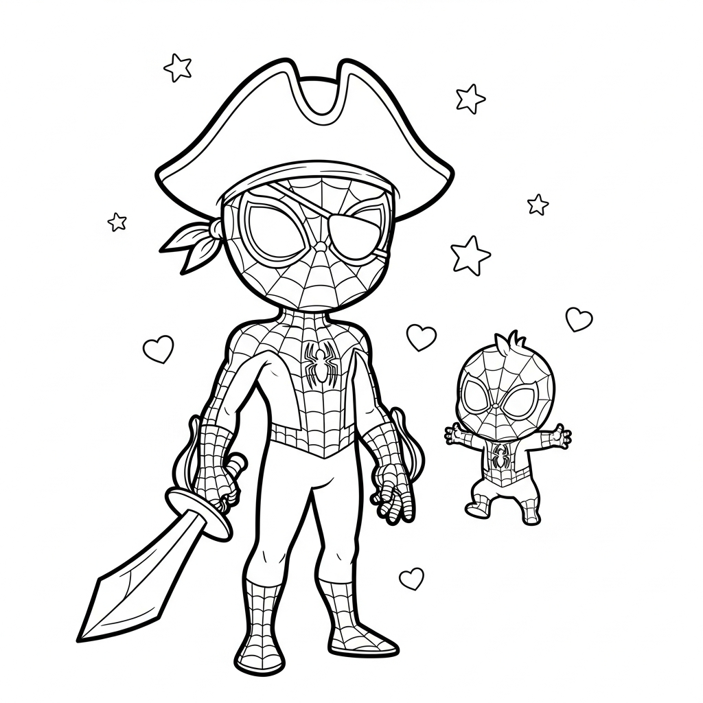 Desenho de homem aranha para colorir usando chapéu pirata e tapa-olho com estrelinhas e corações