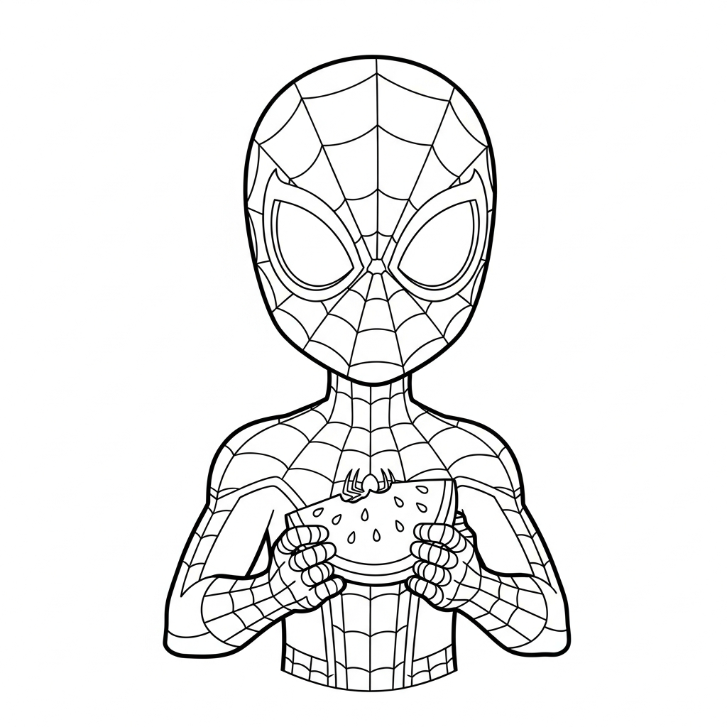 Desenho de homem aranha para colorir segurando uma fatia de melancia