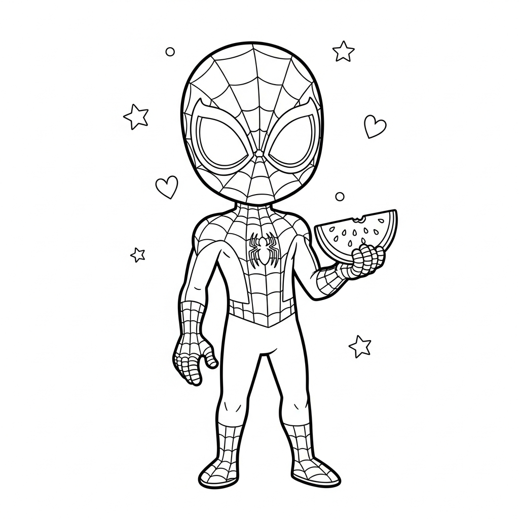 Desenho de homem aranha para colorir segurando melancia entre estrelinhas e corações.