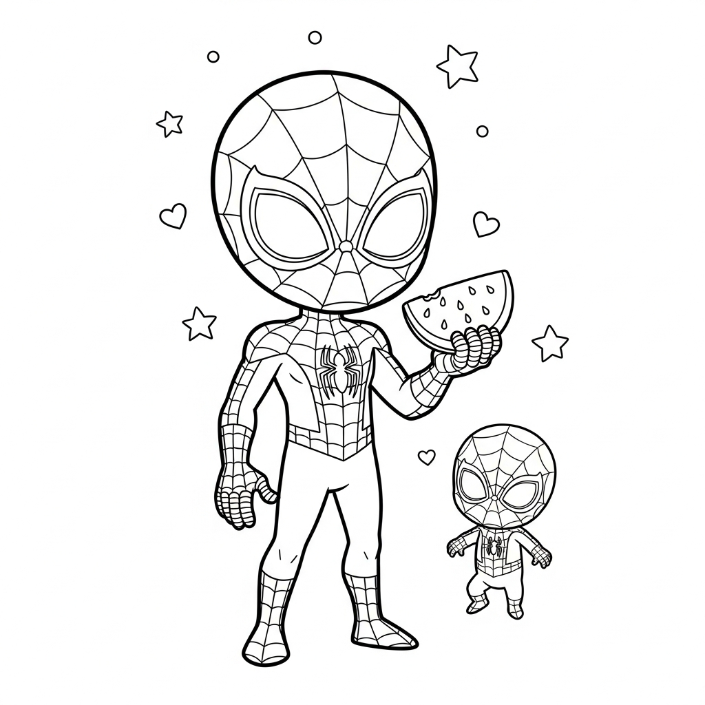 Desenho de homem aranha para colorir segurando fatia de melancia com estrelinhas e corações