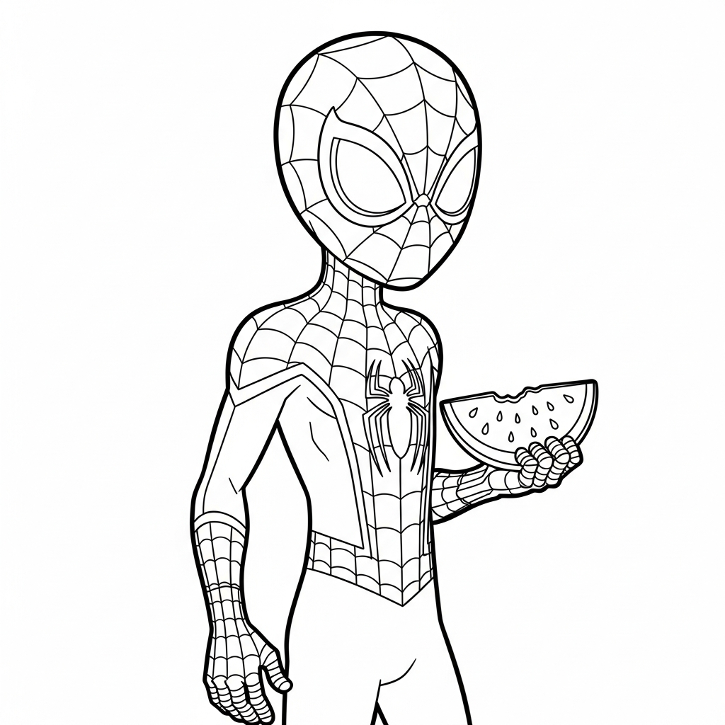 Desenho de homem aranha para colorir segurando fatia de melancia ao lado de um copo.