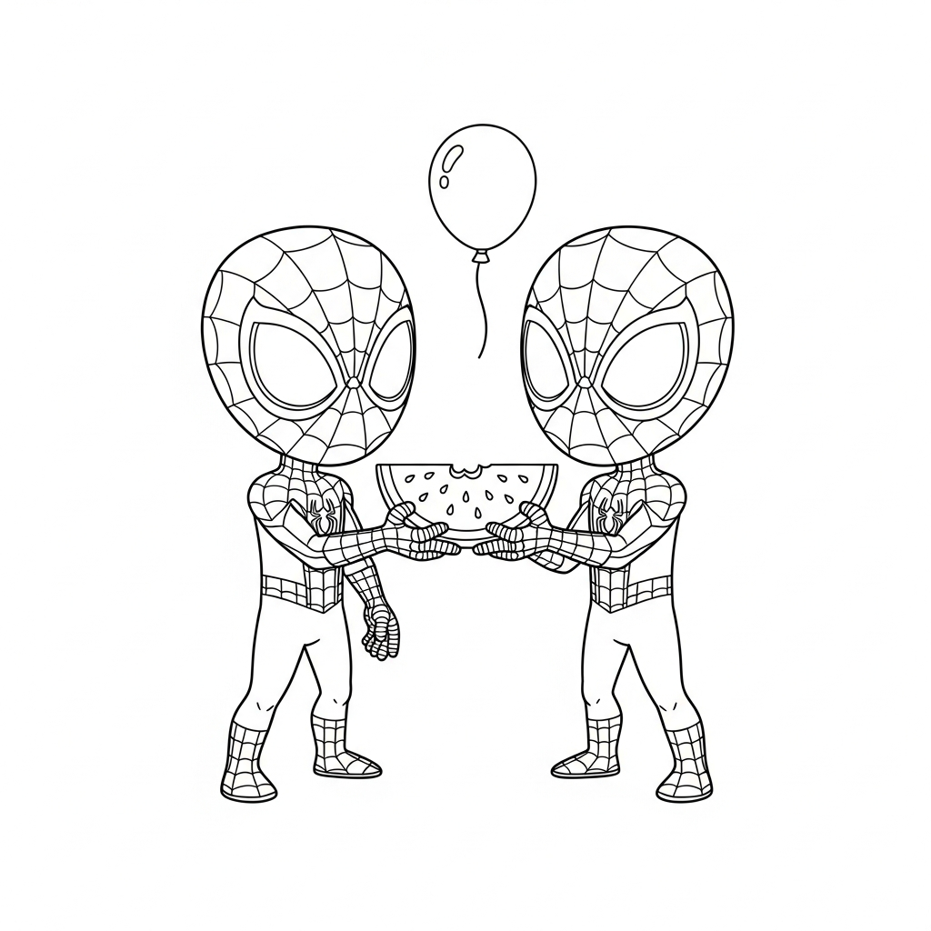 Desenho de homem aranha para colorir segurando fatia de melancia com pequeno balde