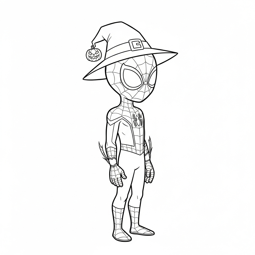 Desenho de homem aranha para colorir usando chapéu de bruxa de Halloween