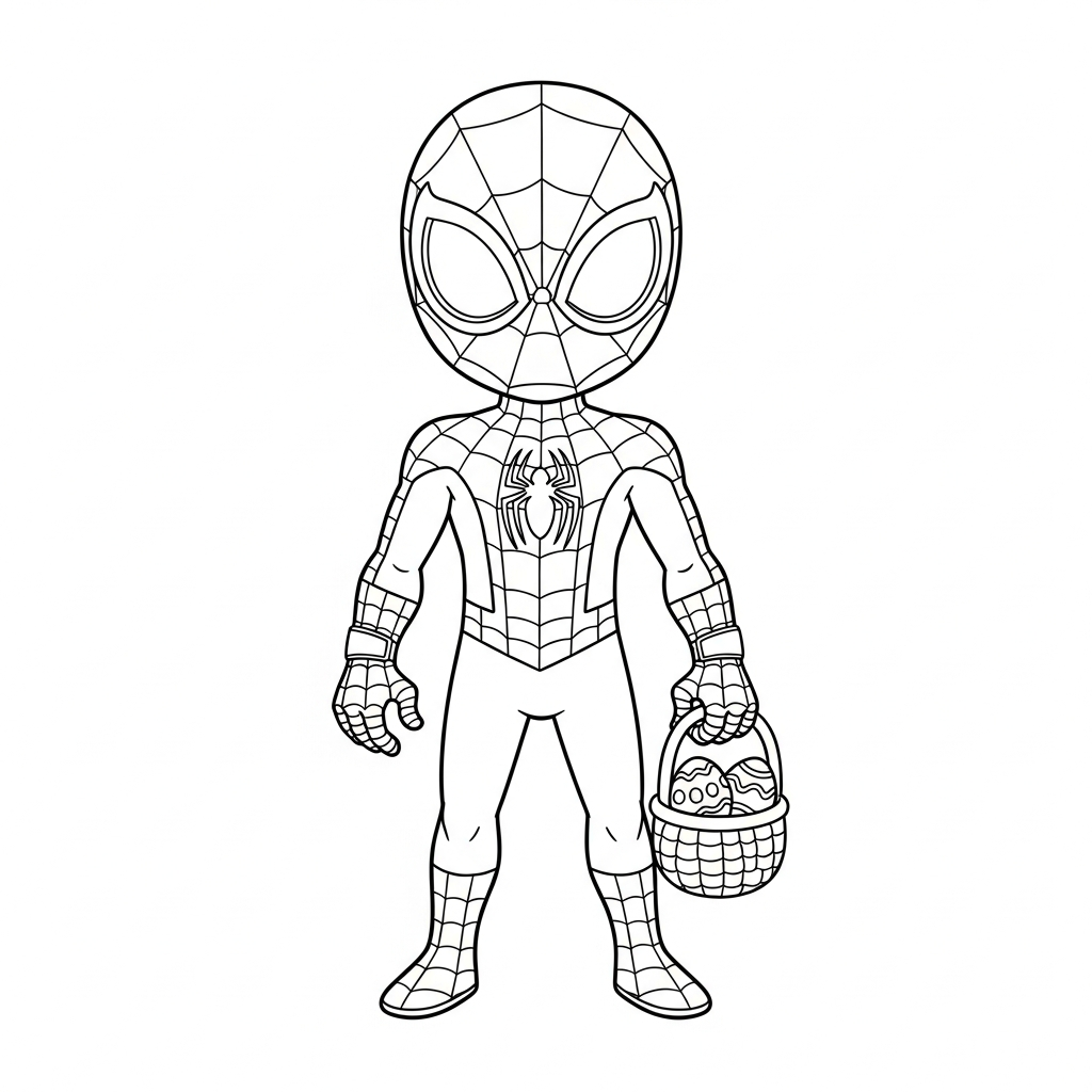 Desenho de homem aranha para colorir segurando cesta de Páscoa com ovos