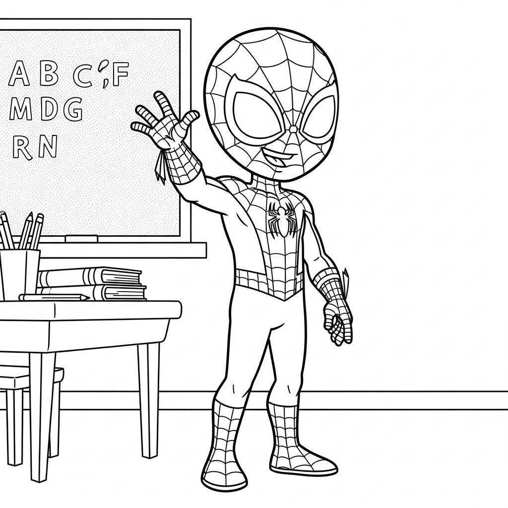 Desenho de homem aranha para colorir em pé acenando sorridente na sala de aula.