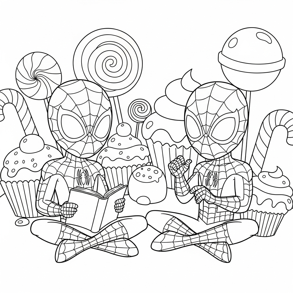 Desenho de homem aranha para colorir sentado lendo livro na terra dos doces
