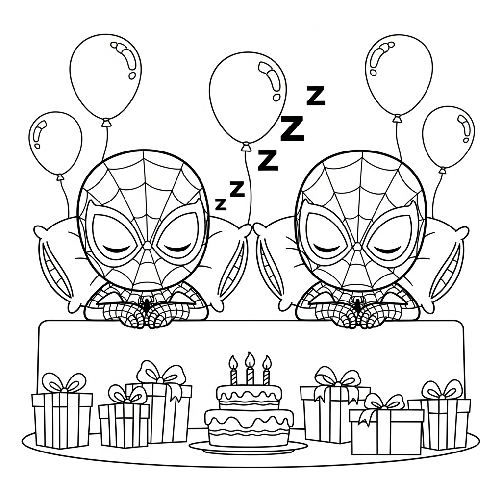 Desenho de Homem-Aranha para colorir dormindo com travesseiro em festa de aniversário.
