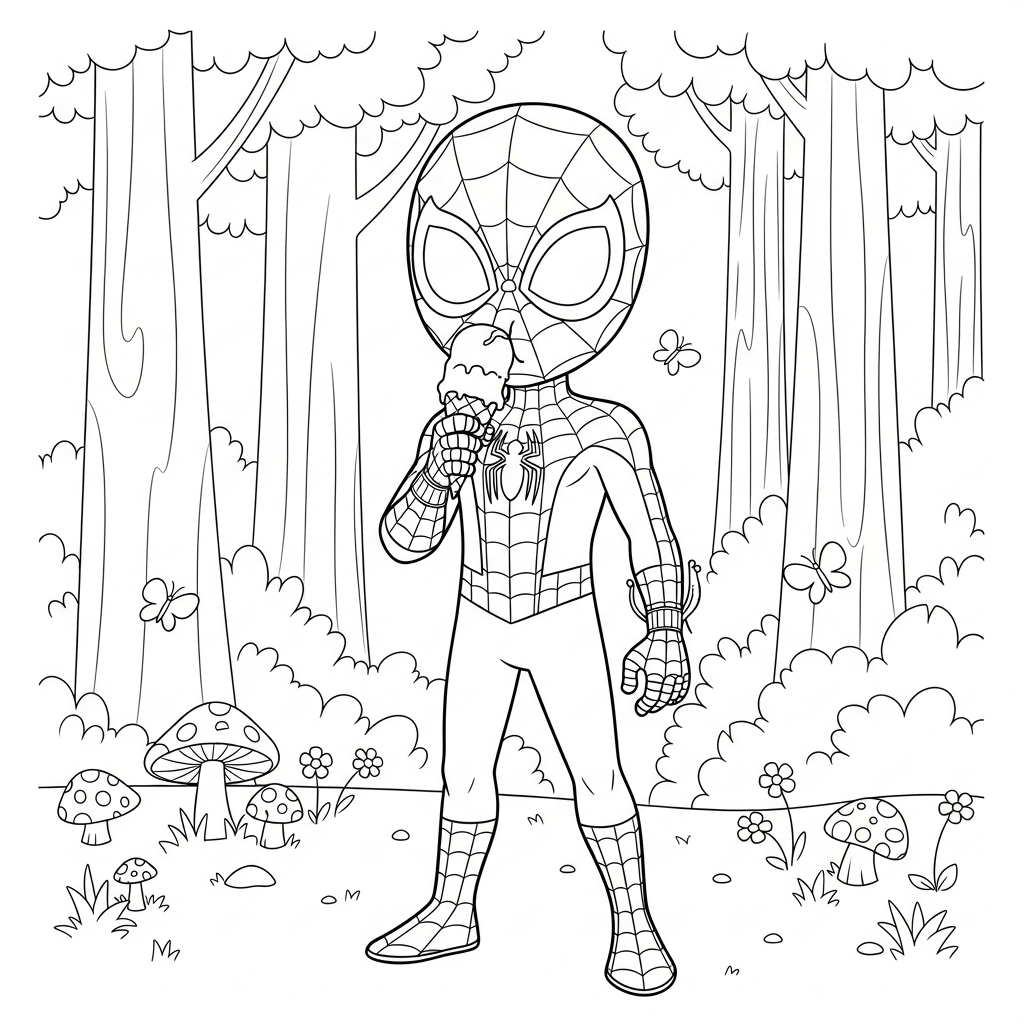 Desenho de homem aranha para colorir comendo casquinha de sorvete na floresta com cogumelos