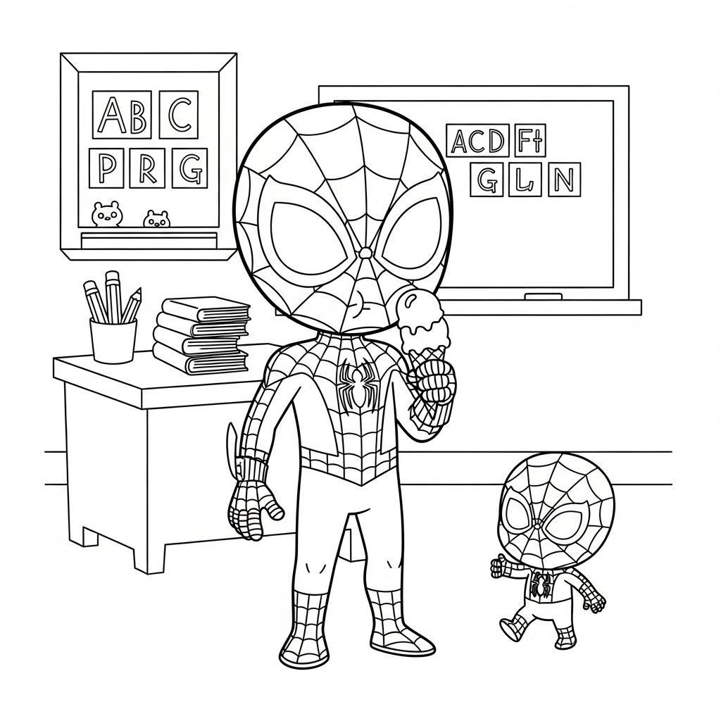 Desenho de homem aranha para colorir comendo casquinha de sorvete na sala de aula com lousa