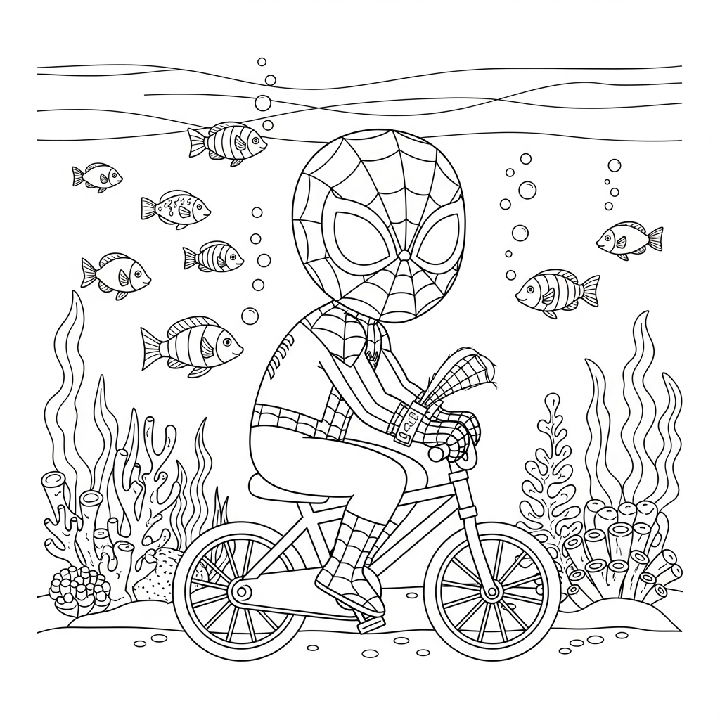 Desenho de homem aranha para colorir andando de bicicleta pequena no fundo do mar.