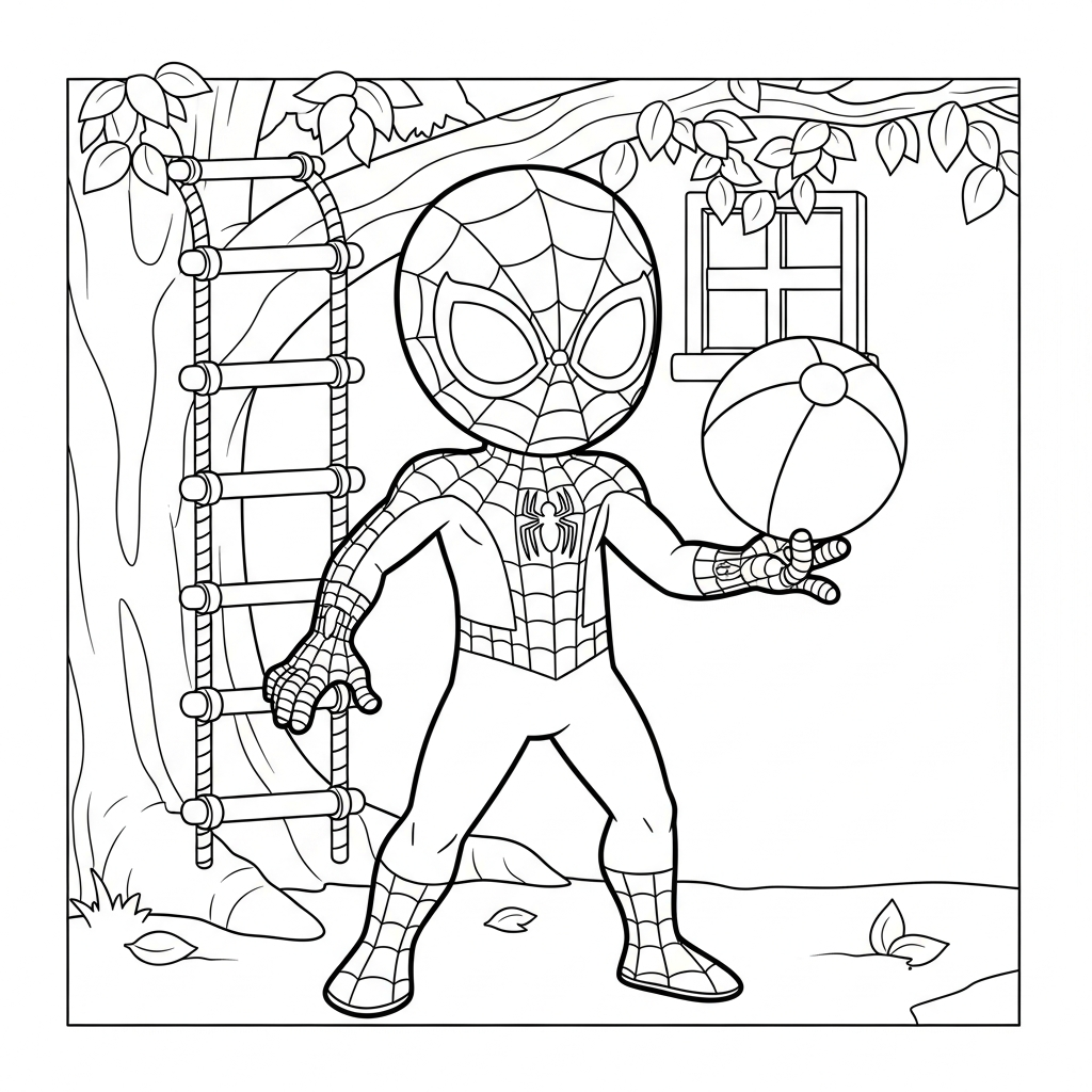 Desenho de homem aranha para colorir brincando com bola de praia na casa na árvore.