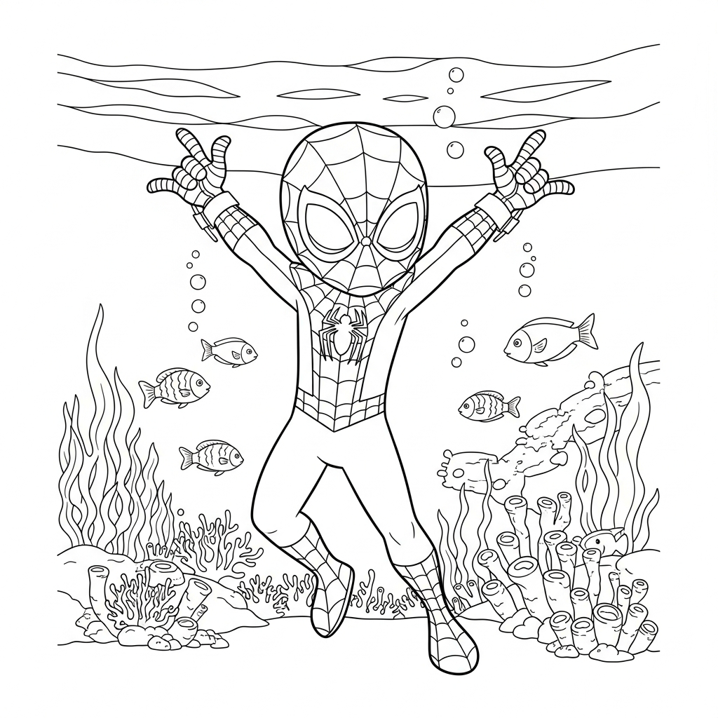 Desenho de homem aranha para colorir dançando com braços para cima no fundo do mar.