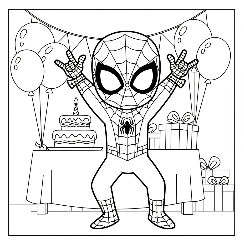 Desenho de homem aranha para colorir dançando com braços para cima em aniversário