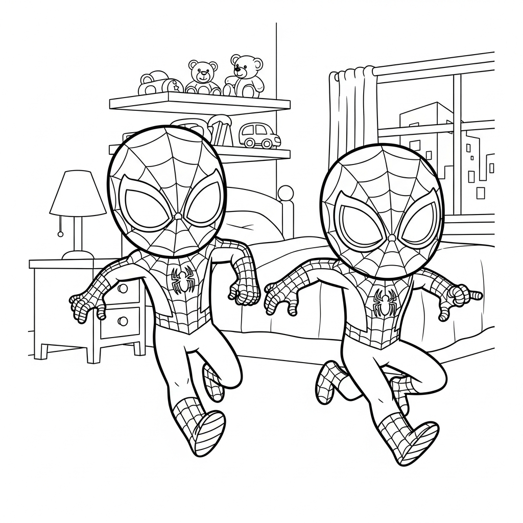 Desenho de homem aranha para colorir correndo alegremente no quarto com cama e brinquedos