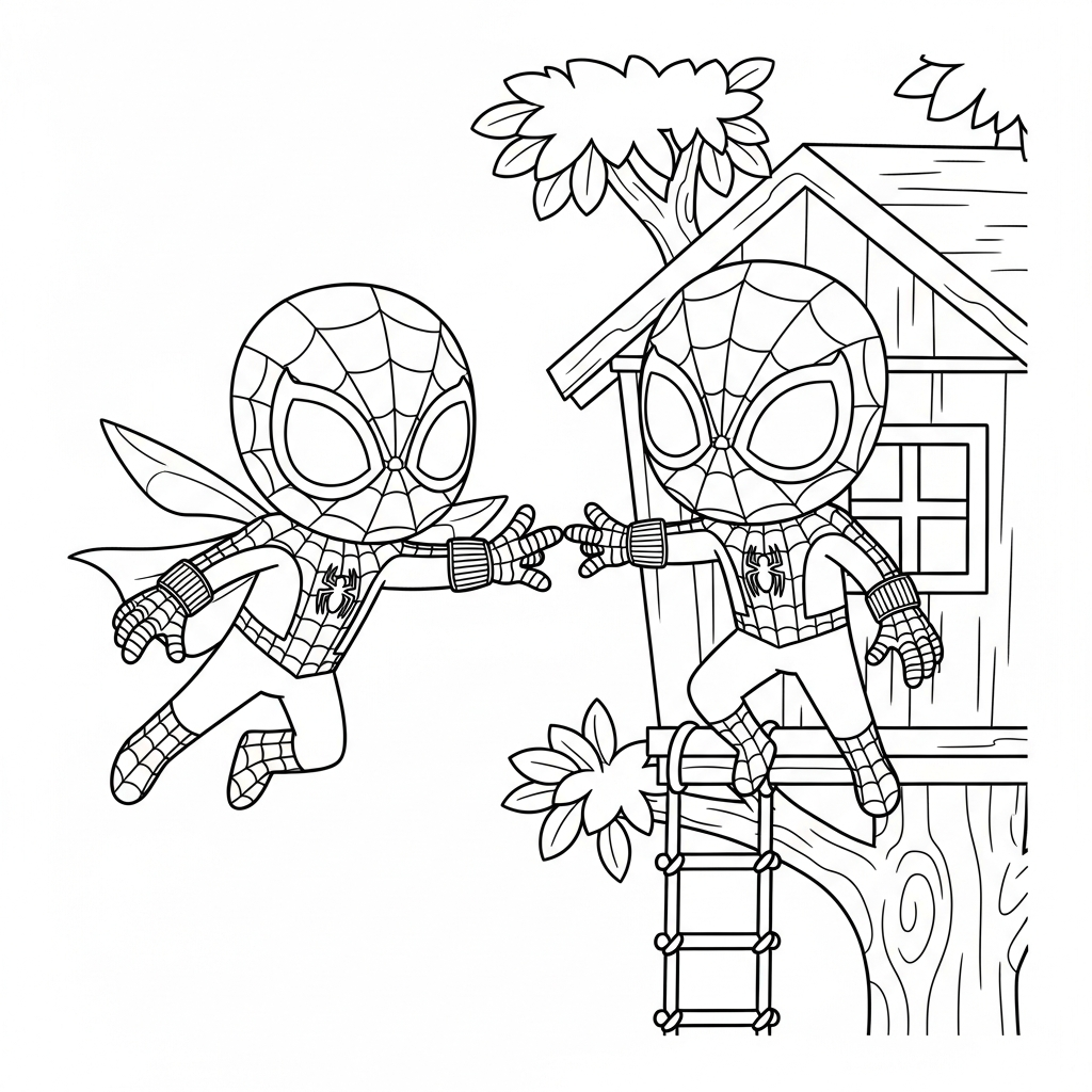 Desenho de homem aranha para colorir voando com capa perto da casa na árvore