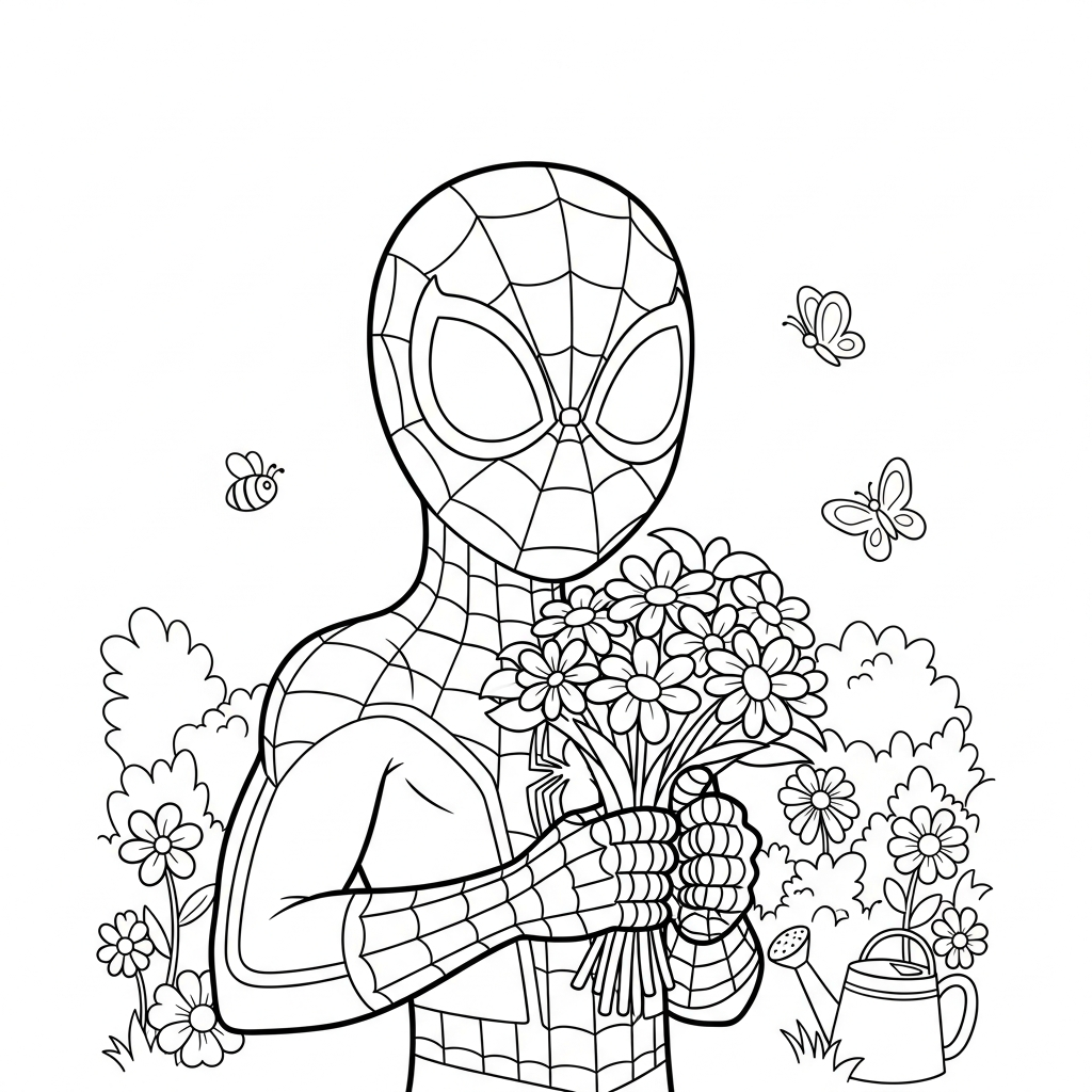Desenho de homem aranha para colorir segurando buquê em jardim com flores e abelhas