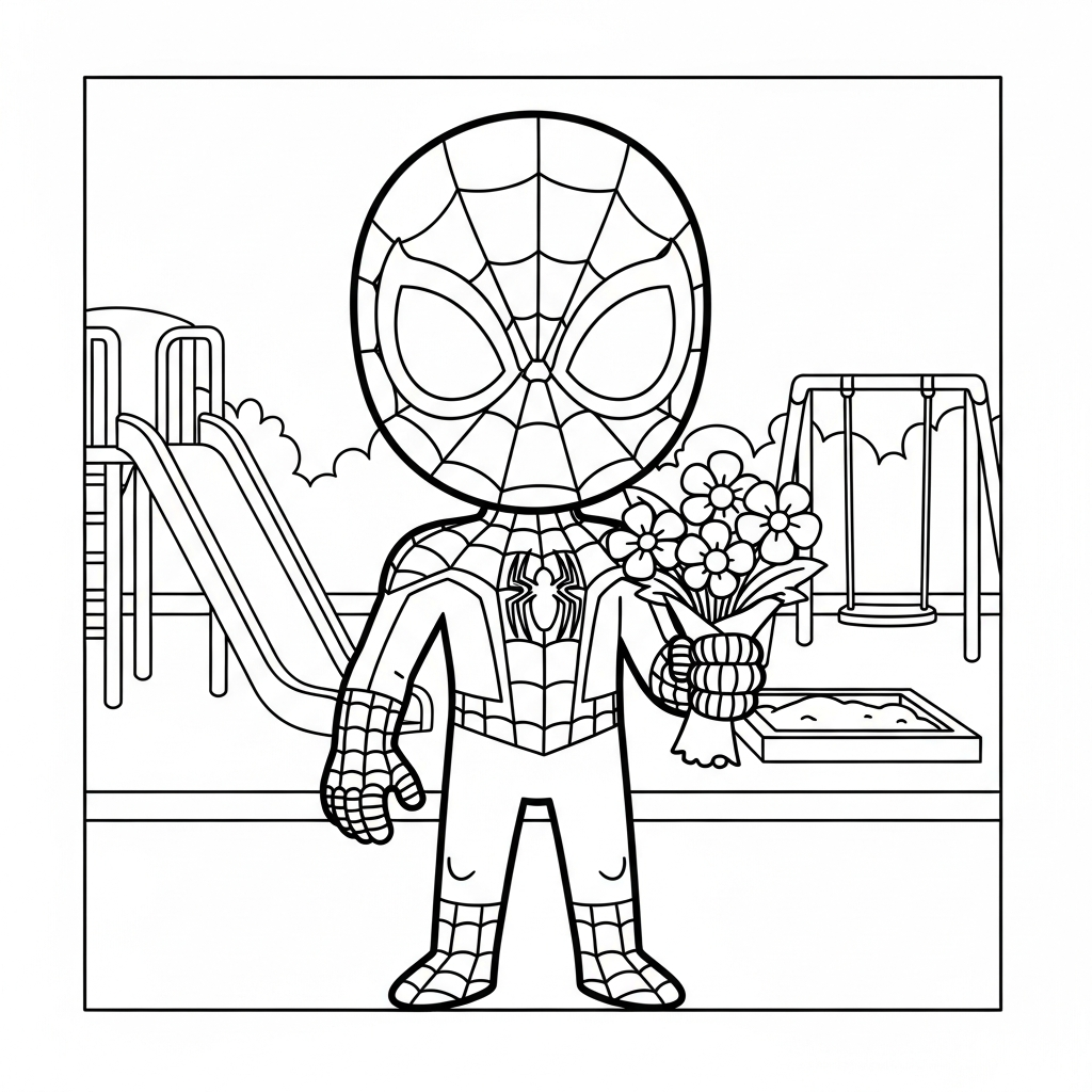 Desenho de homem aranha para colorir segurando buquê de flores no playground com escorregador