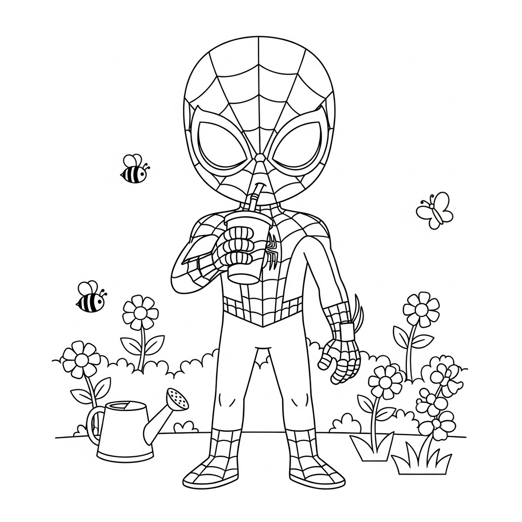 Desenho de homem aranha para colorir bebendo em copo com canudo no jardim.